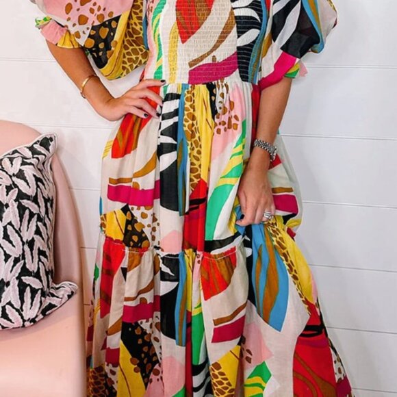 Snap Dresses & Skirts - NWOT Boutique Smocked Abstract Boho Maxi Dress- Size M